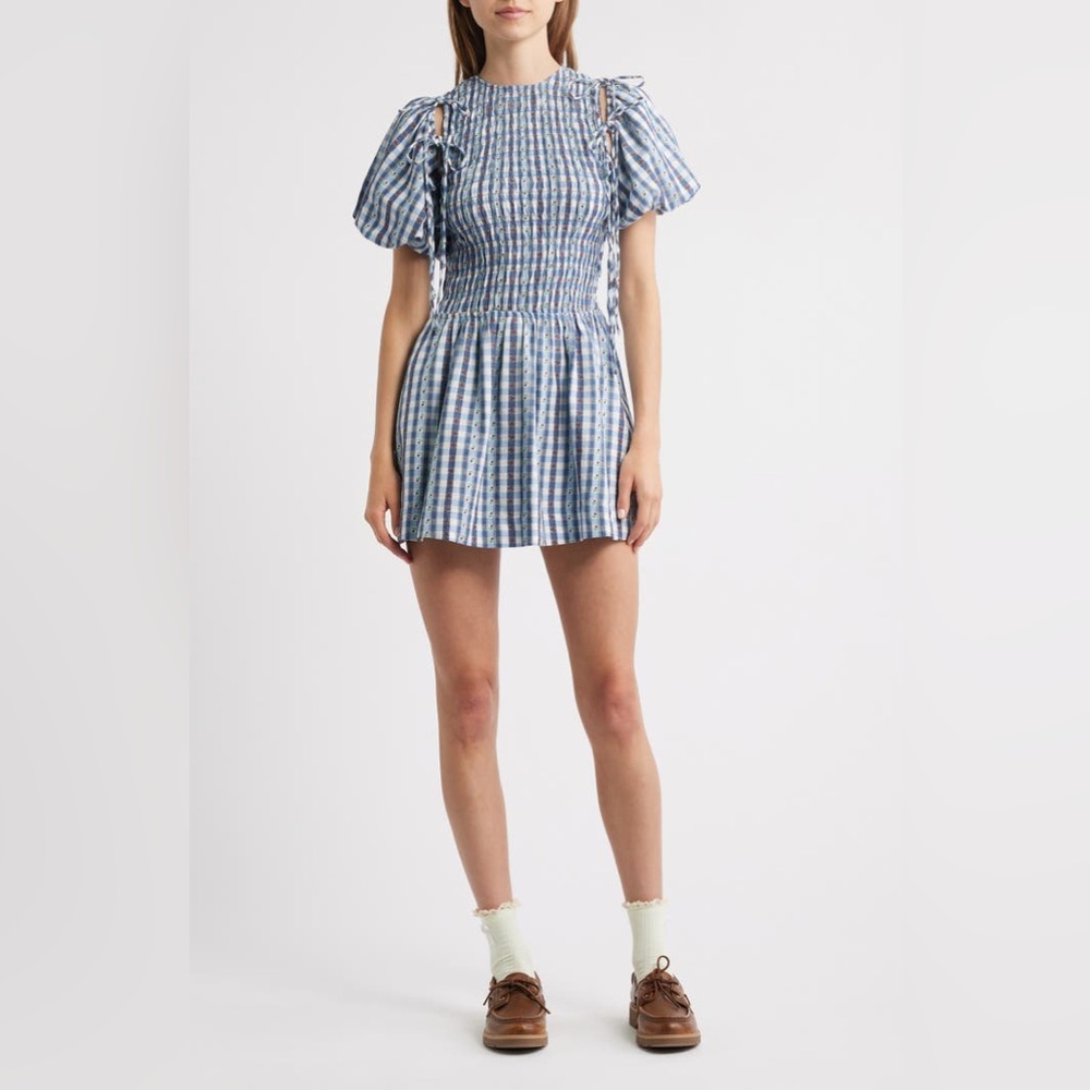 Smocked Blue Gingham Mini Dress with Puff Sleeves